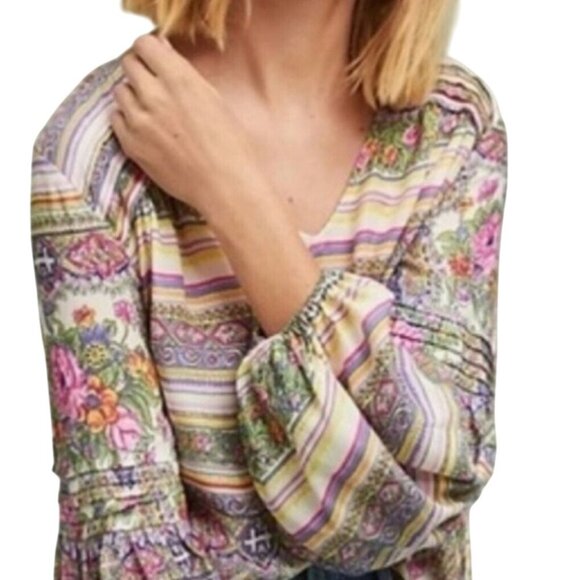 Anthropologie Maeve Caresco Peasant Top Cream Multi Bishop Sleeve Size XS - Picture 4 of 11